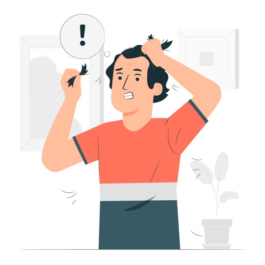 Imagem vetorizada representando um homem estressado. O estresse é representado pela situação que o homem está representado, puxando os próprios cabelos, enquanto no seu rosto sua expressão facial corrobora com este sentido, além de um balão com um sinal de exclamação.