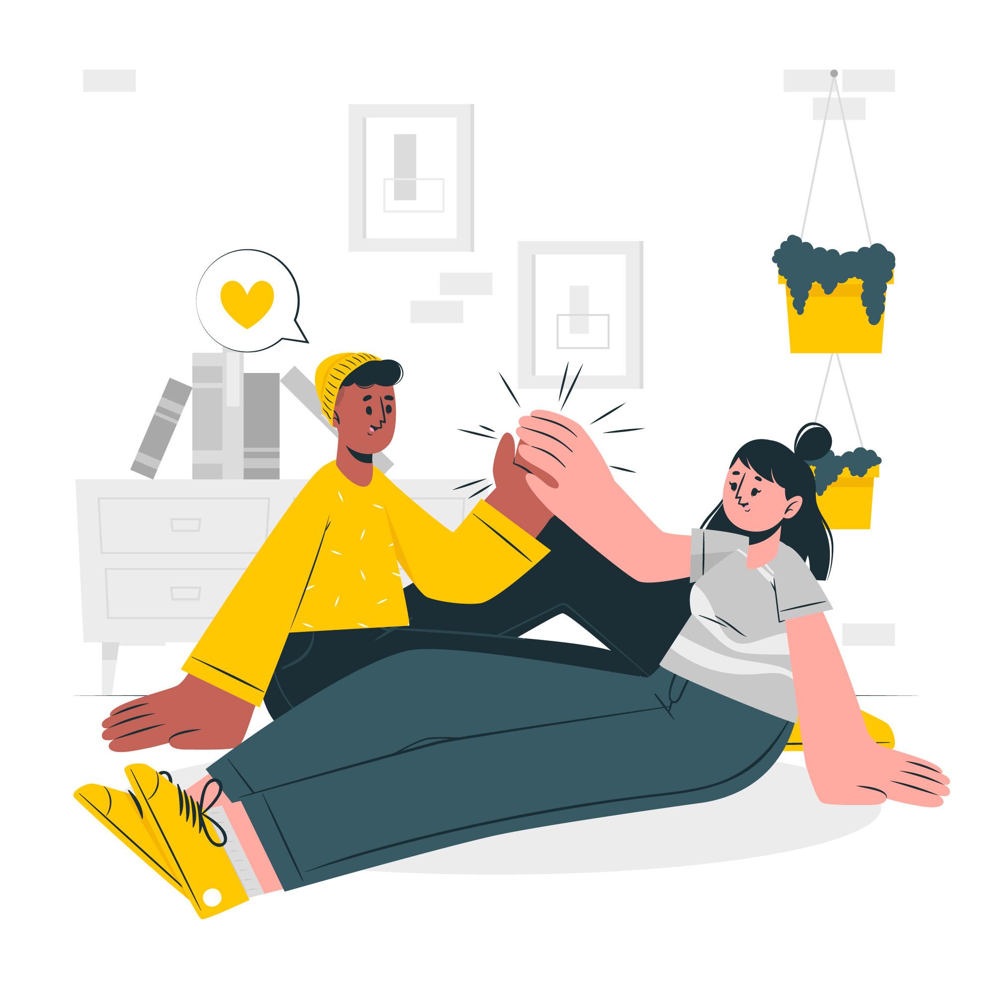 Imagem vetorizada representando um casal, sentado ao chão enquanto dão as mãos, simbolizando neste contexto, a cooperação e cumplicidade.
