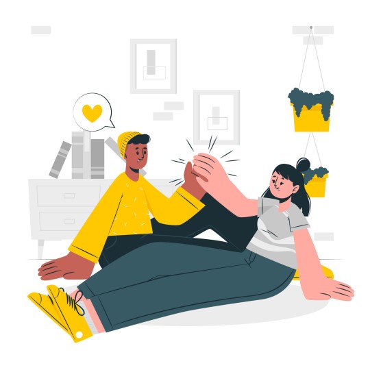 Imagem vetorizada representando um casal, sentado ao chão enquanto dão as mãos, simbolizando neste contexto, a cooperação e cumplicidade.