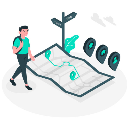 Imagem vetorizada representando um homem com uma mochila nas costas, caminhando ao lado de um mapa, com rota traçada do ponto fictício A ao ponto fictício B.