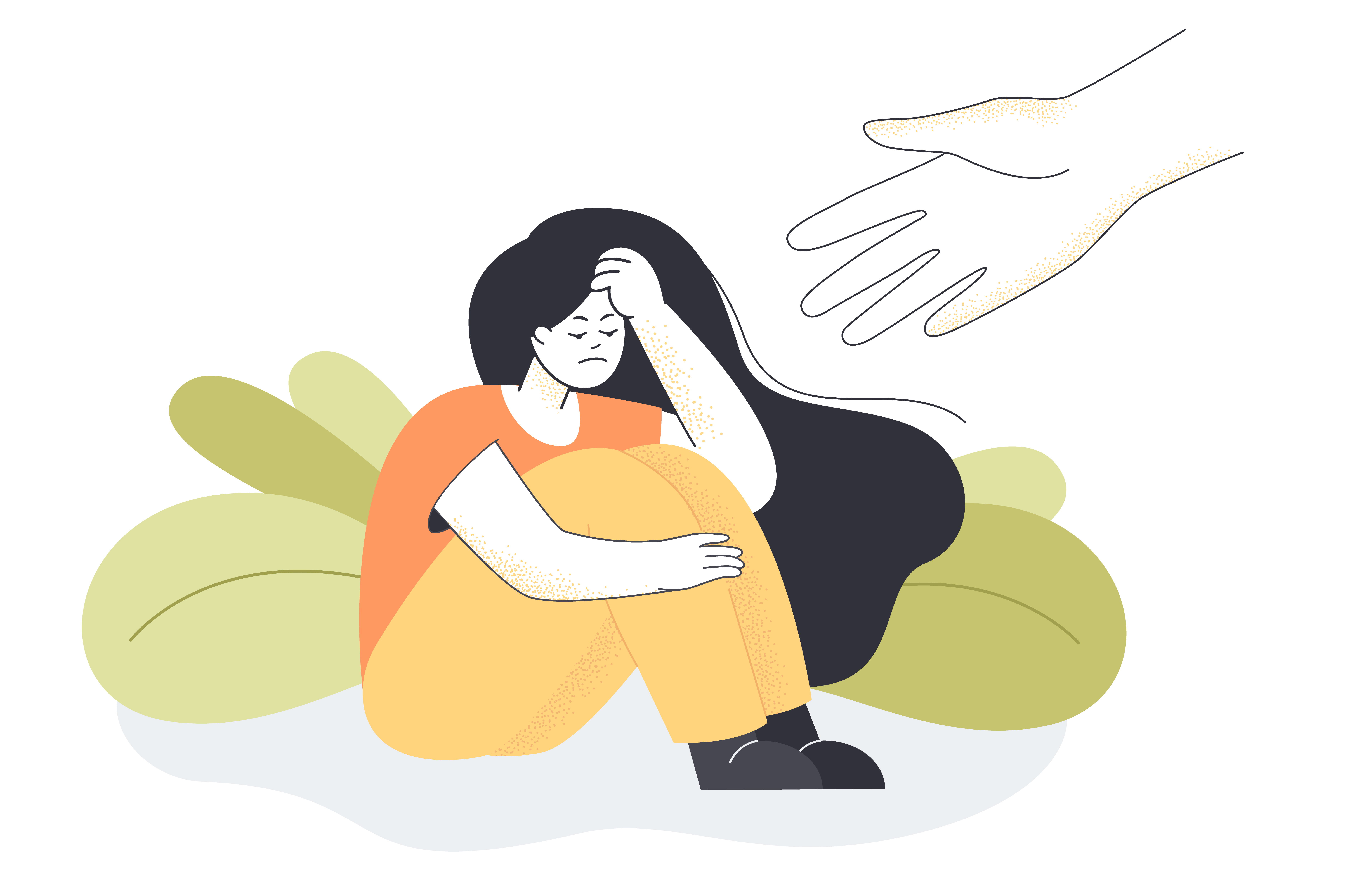 Imagem vetorizada de uma mulher sentada com expressão preocupada e uma mão estendida oferecendo ajuda, simbolizando suporte emocional.