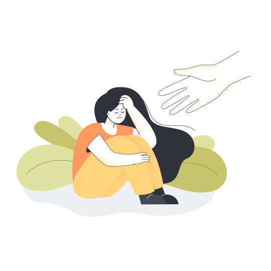 Imagem vetorizada de uma mulher sentada com expressão preocupada e uma mão estendida oferecendo ajuda, simbolizando suporte emocional.