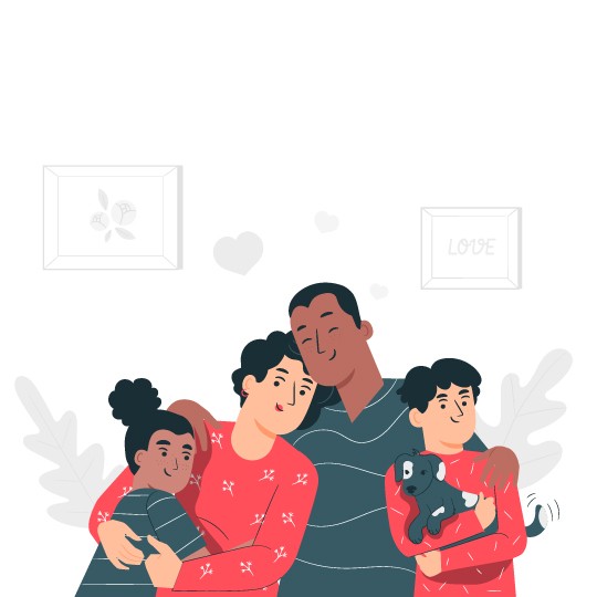 Imagem vetorizada representando uma família composta por uma mulher adulta, um homem adulto, uma menina e um menino com um cachorro ao colo, todos os integrantes estão abraçados. A imagem representa união familiar, ao fundo, podemos ver alguns elementos representando amor, como alguns corações, e um quadro pendurado na parede com o escrito "love".