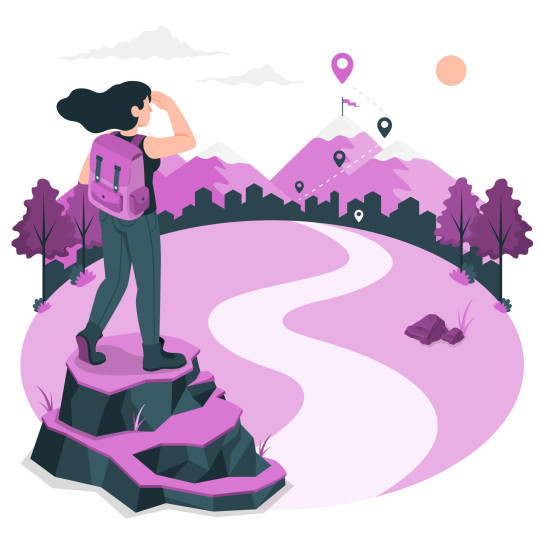 Uma mulher com mochila, no topo de rochas, contempla um caminho montanhoso que leva a um pico com uma bandeira. A imagem simboliza a jornada de recuperação da dependência química, enfatizando a importância de se distanciar de influências negativas para alcançar a recuperação e uma nova vida.