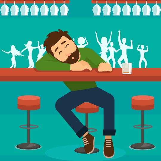 Imagem vetorizada de um homem bêbado debruçado ao balcão em uma balada, ao lado, um copo vazio e sujo de bebida.