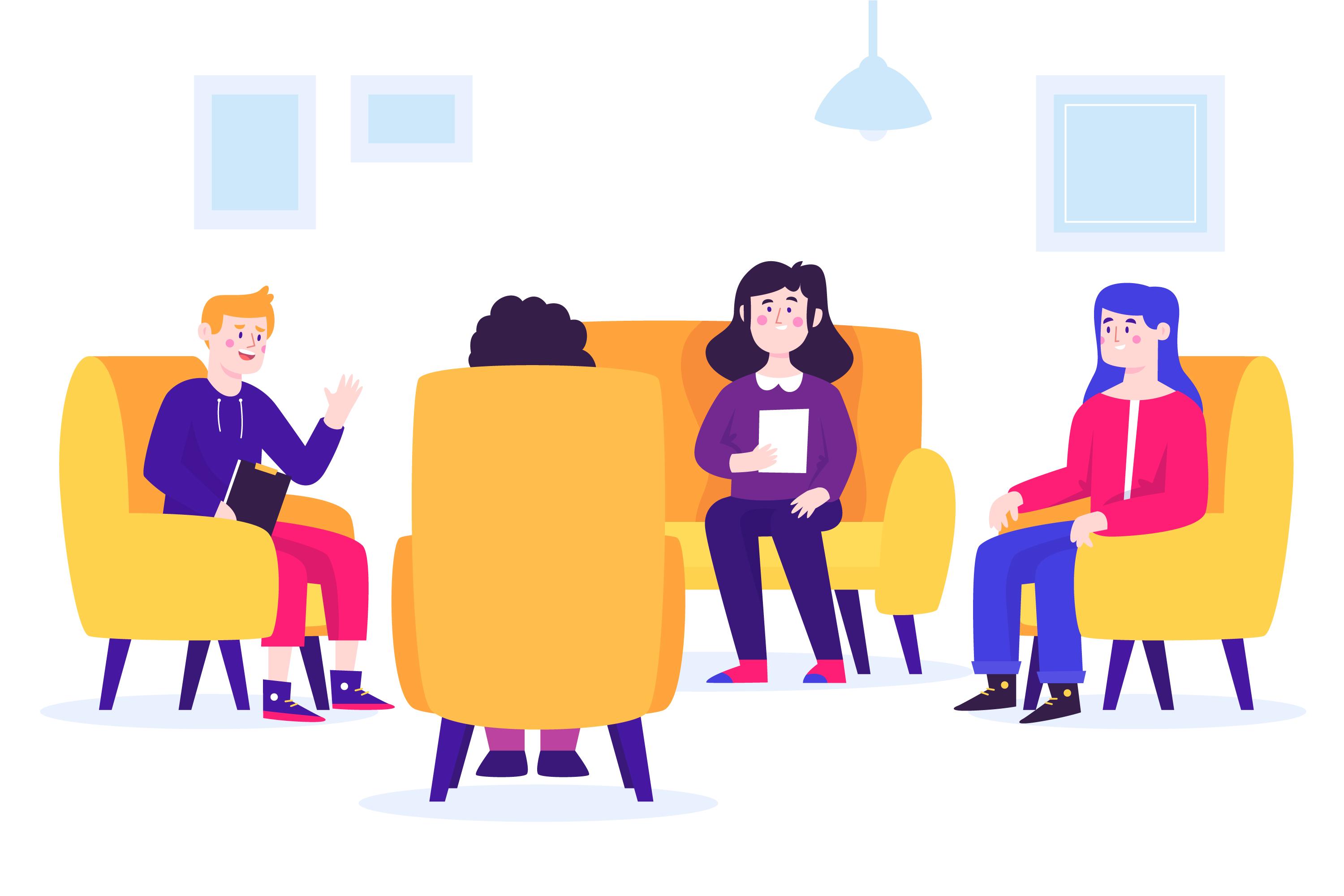 Imagem em vetor representando 4 pessoas sentadas em poltronas em círculo, simbolizando uma sessão de terapia em grupo.