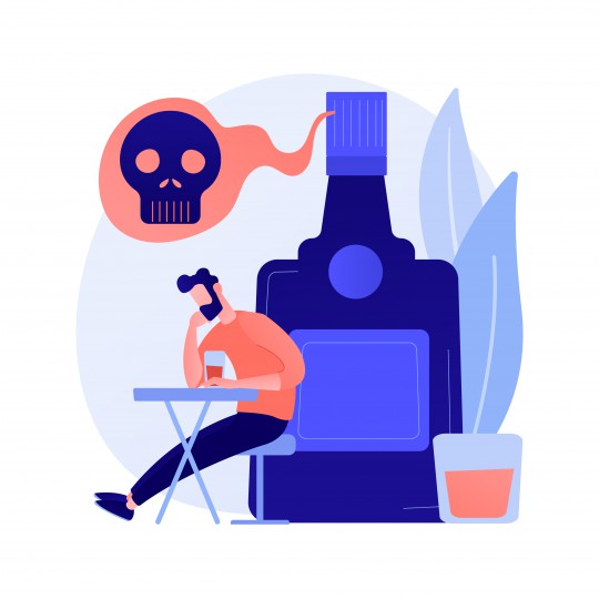 Ilustração representando um homem sentado à uma mesa com um copo de bebida, logo a frente de uma representação de uma grande garrafa, simbolizando algum veneno.